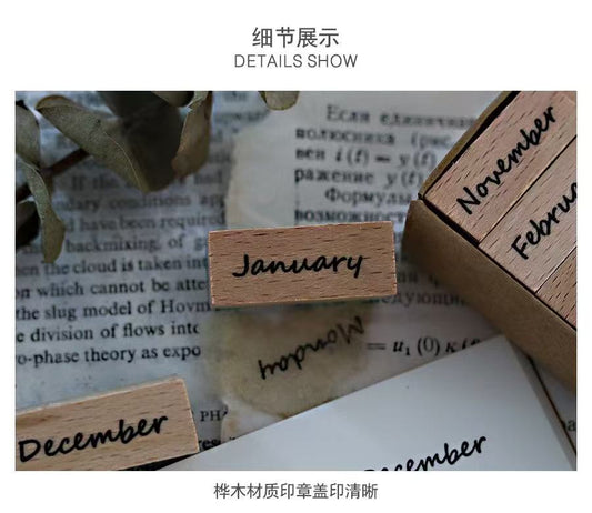 Wooden Month Stamp Set 12pcs For Journal