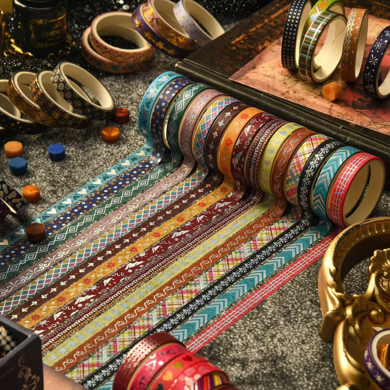 Washi Tape Vintage Heartfelt Series Black Gold Foil 36 Rolls 0.7cm