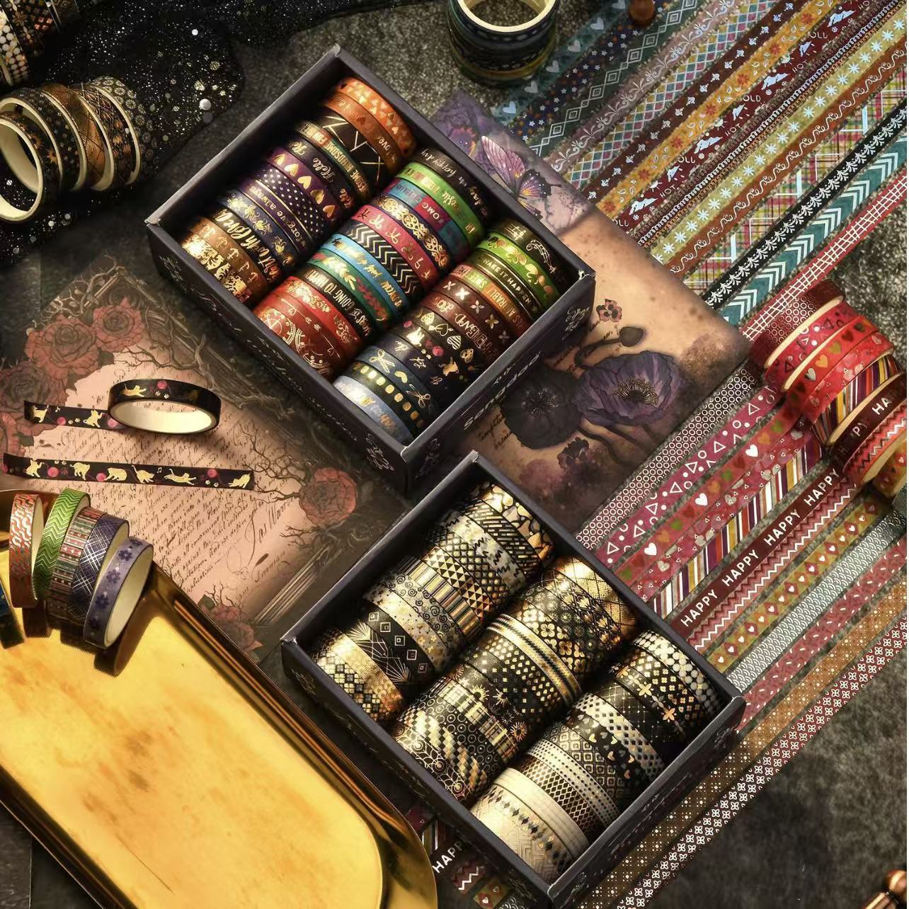 Washi Tape Vintage Heartfelt Series Black Gold Foil 36 Rolls 0.7cm