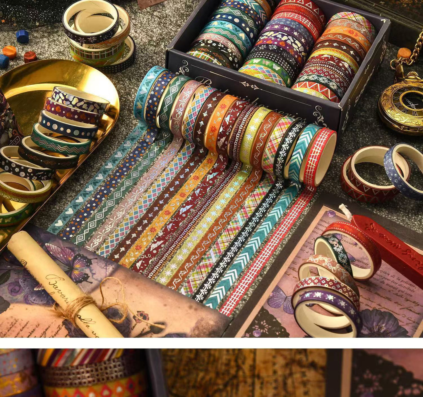 Washi Tape Vintage Heartfelt Series Black Gold Foil 36 Rolls 0.7cm