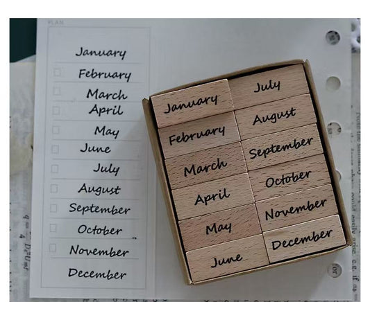 Wooden Month Stamp Set 12pcs For Journal