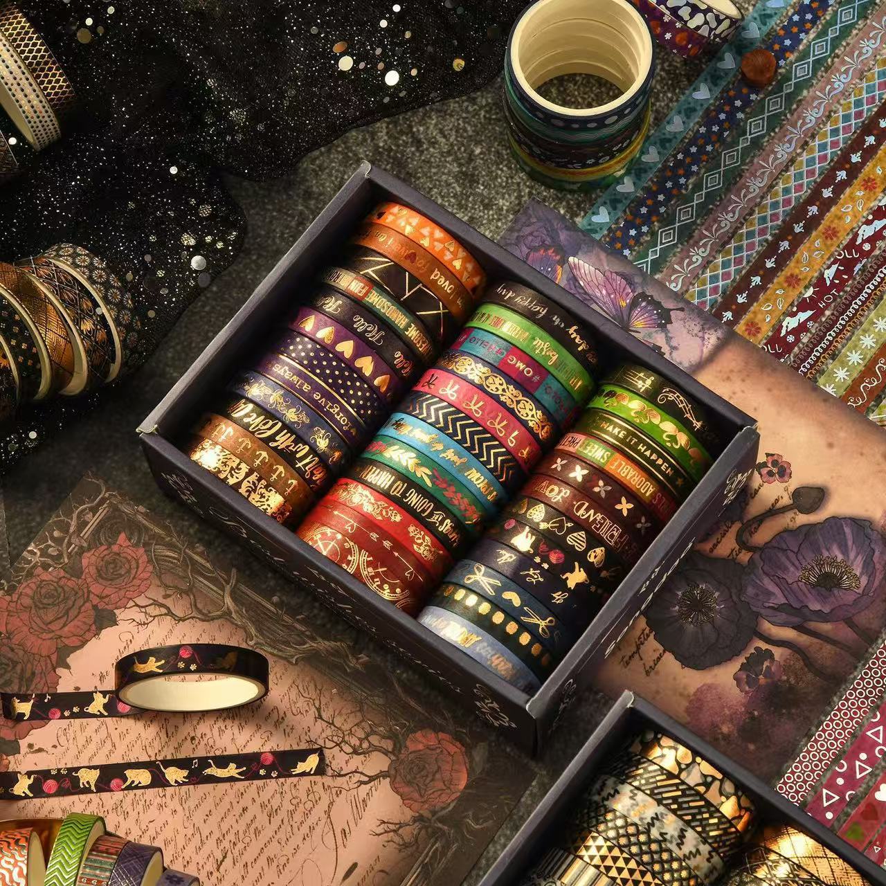 Washi Tape Vintage Heartfelt Series Black Gold Foil 36 Rolls 0.7cm